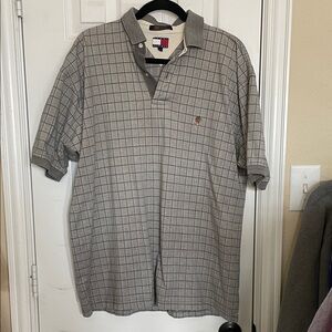 Tommy Hilfiger vintage polo shirt, gray windowpane square pattern, size large